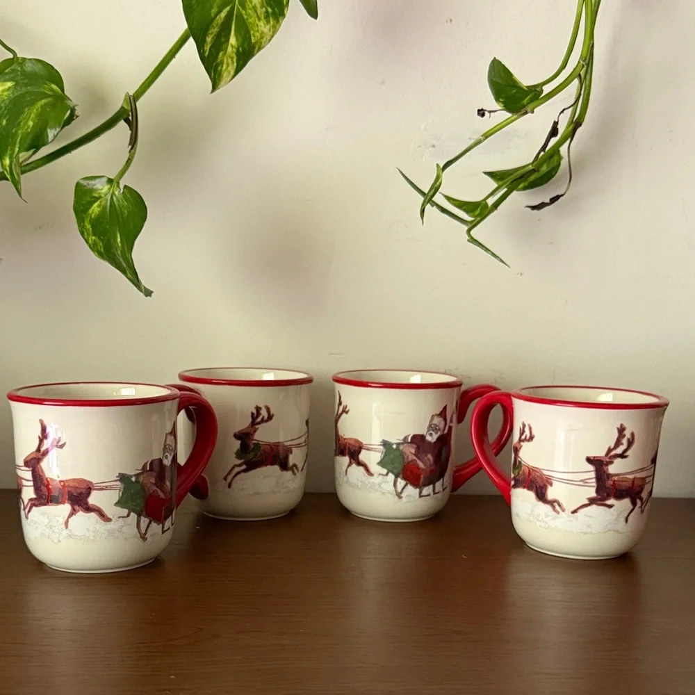 Williams-Sonoma M.Lange, Santa & His Reindeer Coffee/Tea/Cocoa Mugs